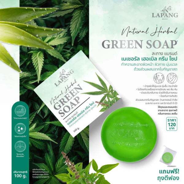 สบู่ใบกัญชา ว่านหางจระเข้ ตำลึง สมุนไพรธรรมชาติ 100g. 2 สบู่ใบกัญชา